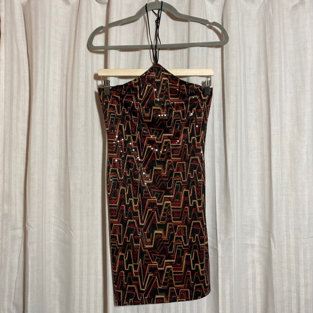 Vintage Y2K Clubwear Geometric Sequin Slit Halter Mini Dress Just In Time USA S